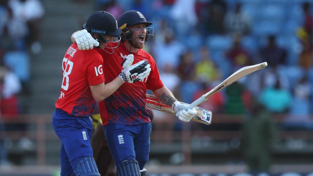 During the fourth T20, England's Phil Salt celebrates his century.