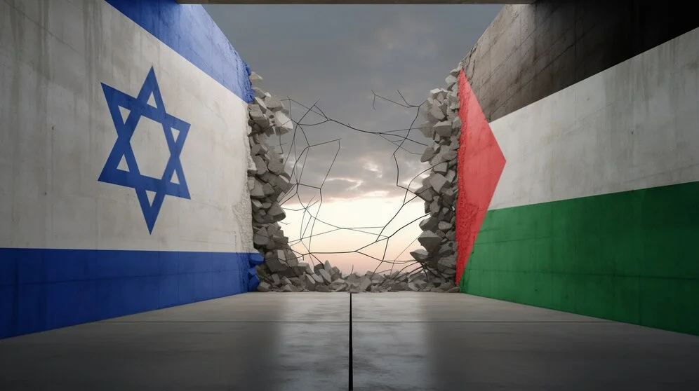 two opposite walls have Israel and philistine flag that show the clash of each other.
